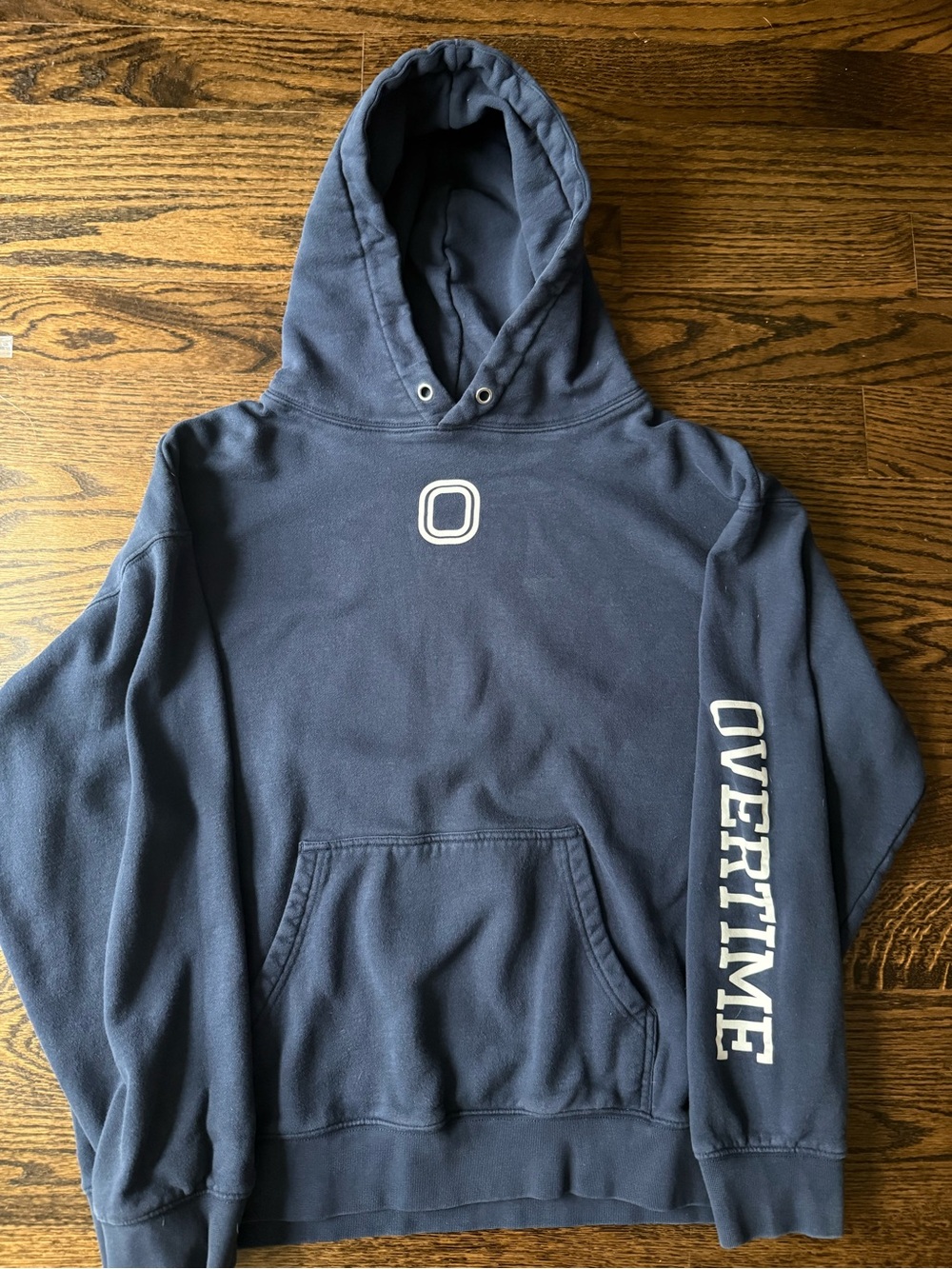 Men's Navy Pullover Hoodie with 'OVERTIME' Sleeve Print